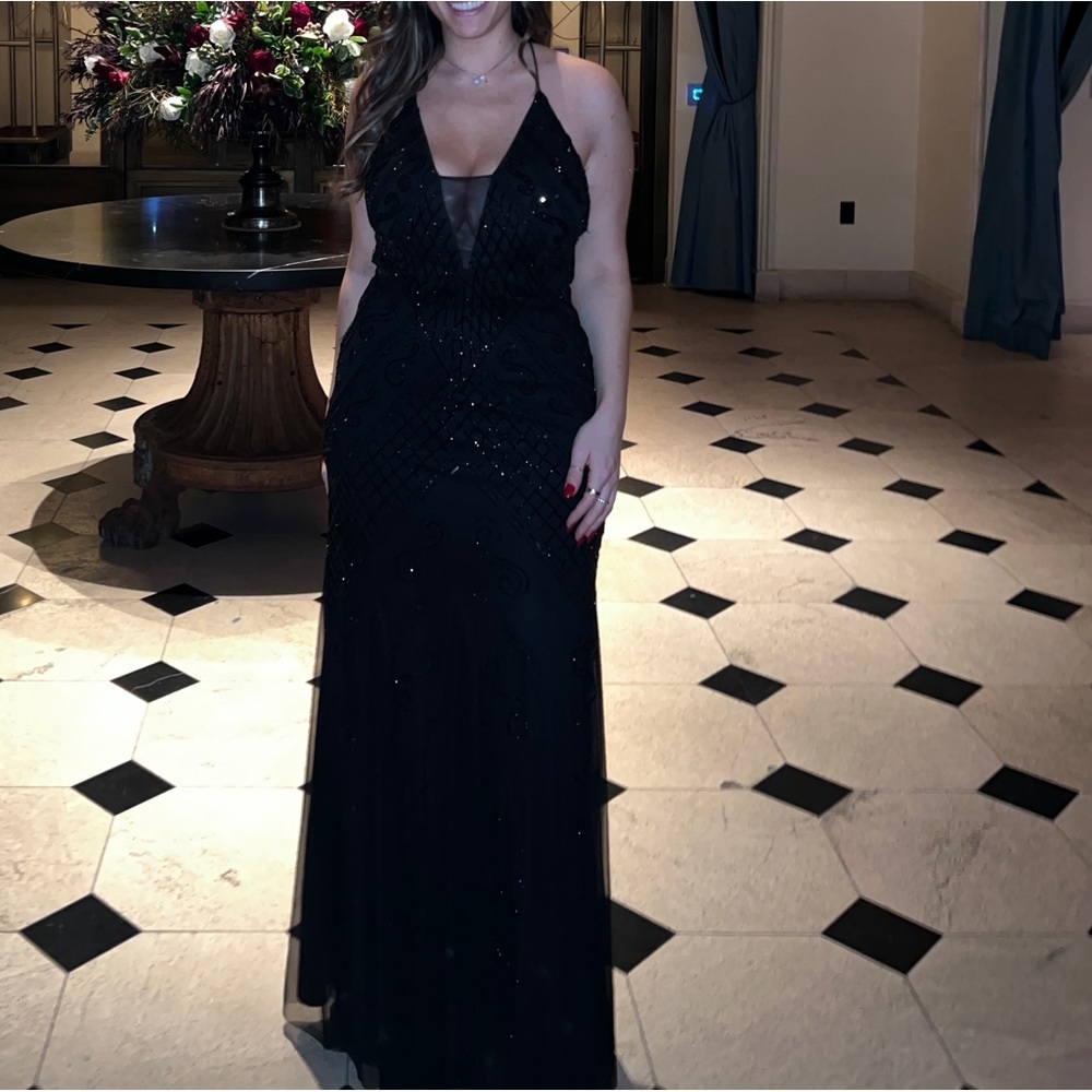 Marina Black Beaded Floor Length Plunging Neckline Gown Size 8